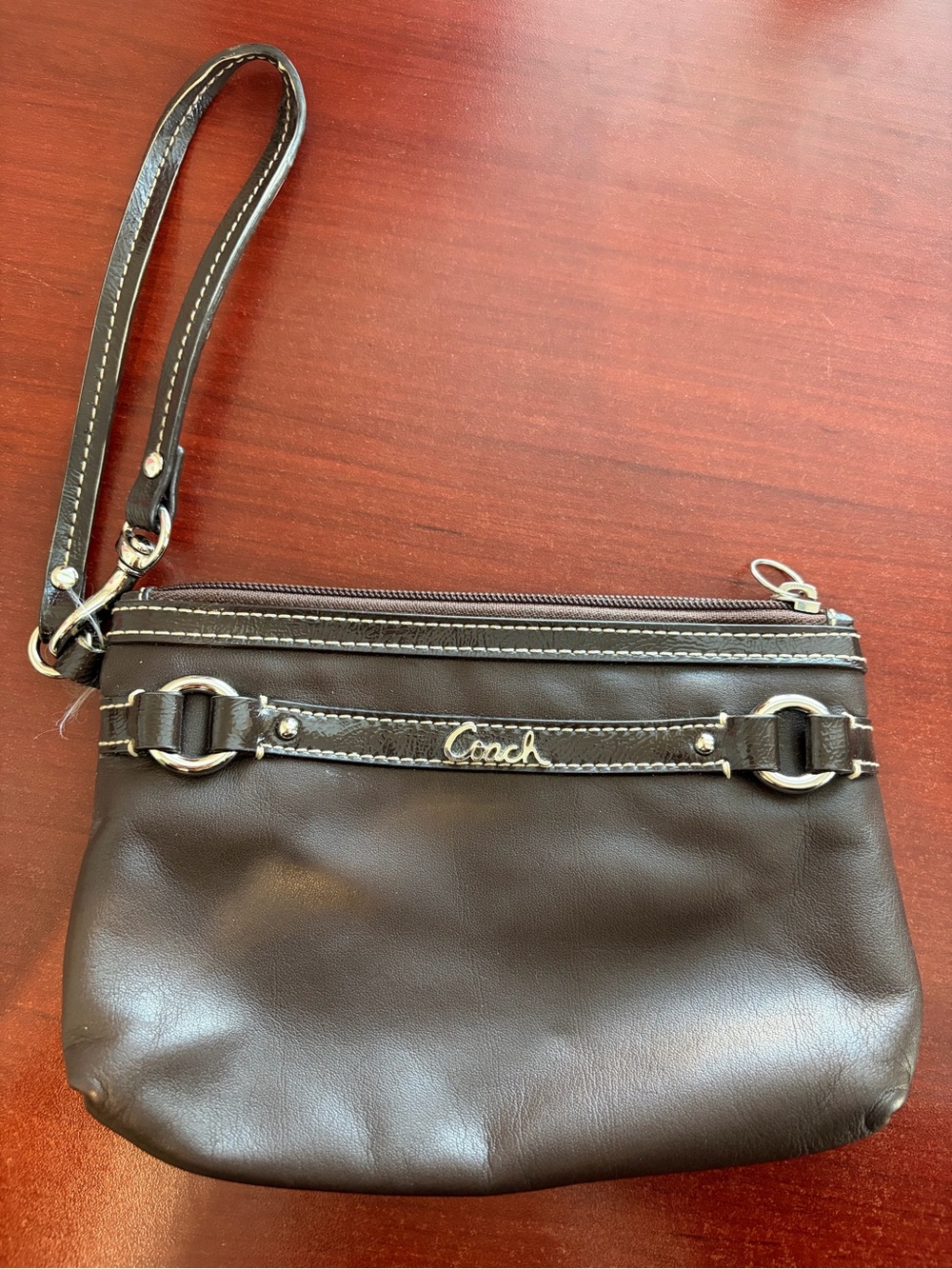 Coach Dark Brown Leather Wristlet with Silver Hardware